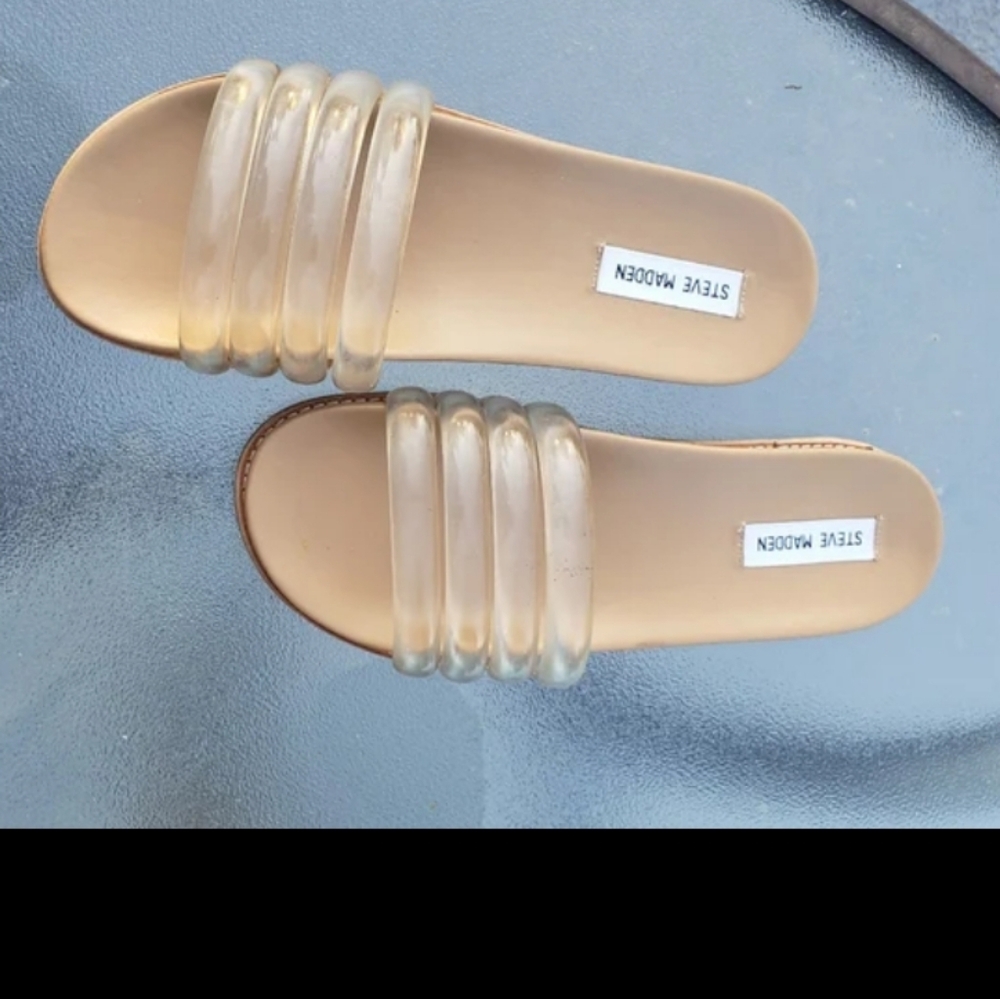 Steve Madden Clear Strap Tan Slide Sandals - Picture 8 of 9